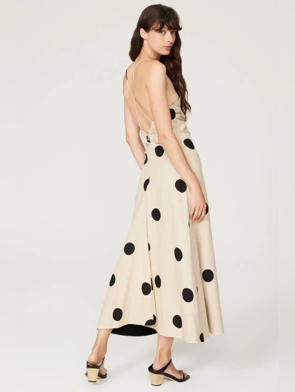 Tanya Taylor Women's Midi Meredith Dress, Tan/Black Polka Dot Linen Size 10 $565 - Picture 3 of 14